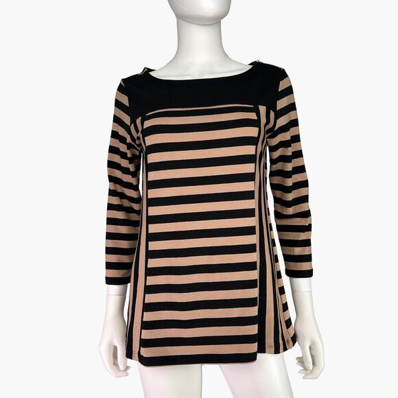 JONES NY Stripped 3/4 Sleeve Boat Neck Shoulder Zipper Top (Tan/Black | Size M) - Picture 1 of 8